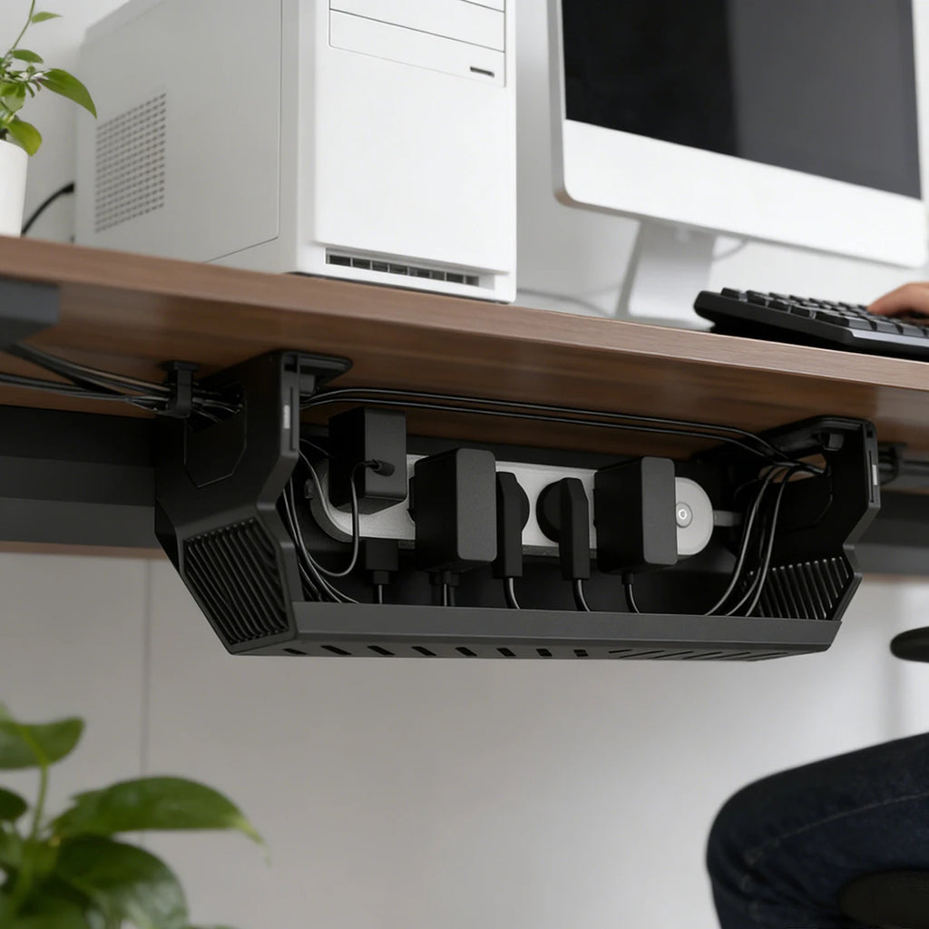 Black Desk Cable Management Ventilated Cord Holder for Home & Office with Power Strip