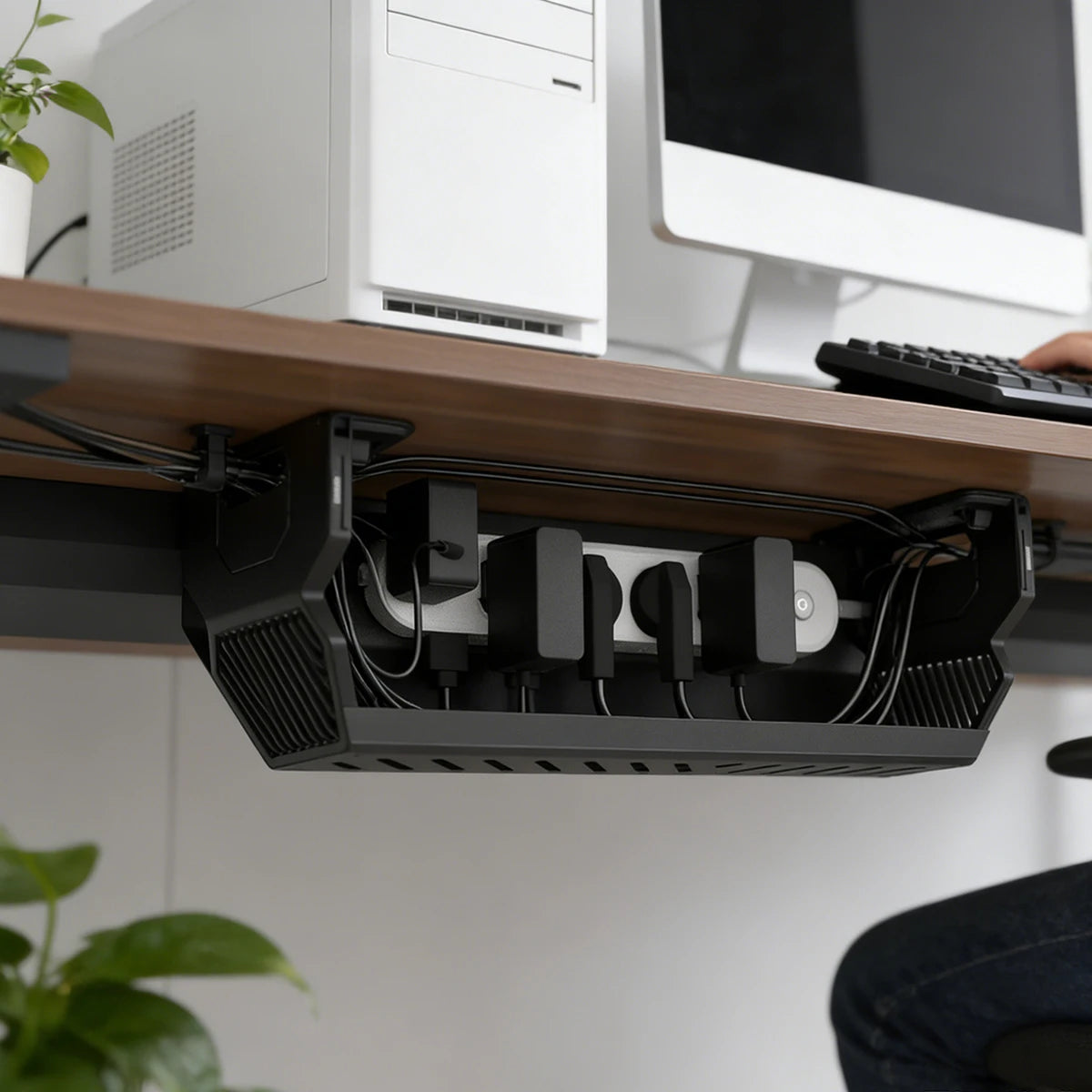 Black Desk Cable Management Ventilated Cord Holder for Home & Office with Power Strip