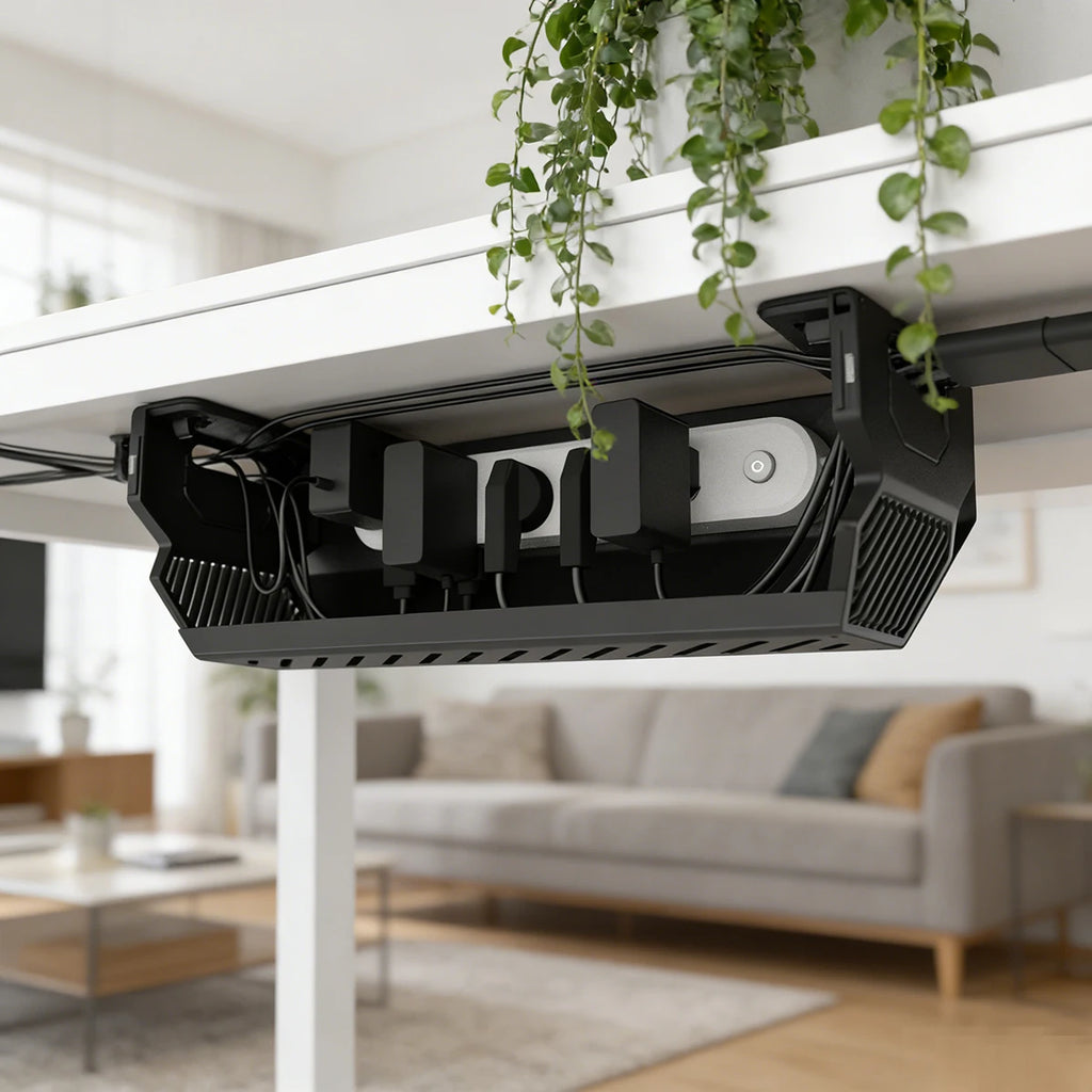 Black Desk Cable Management Ventilated Cord Holder for Home & Office with Power Strip