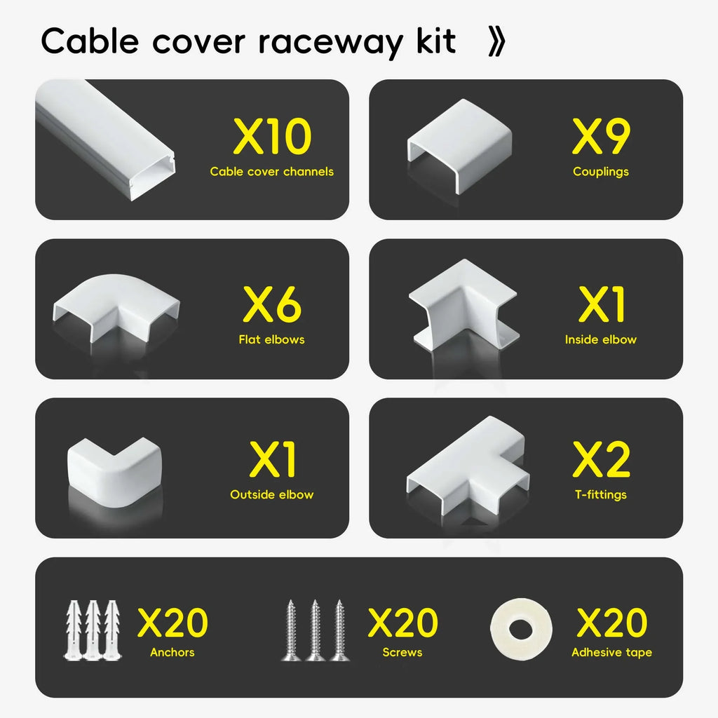 TV Cable Management Cord Cover, Raceway Kit, PVC Trunking Channel (10-Pcs)