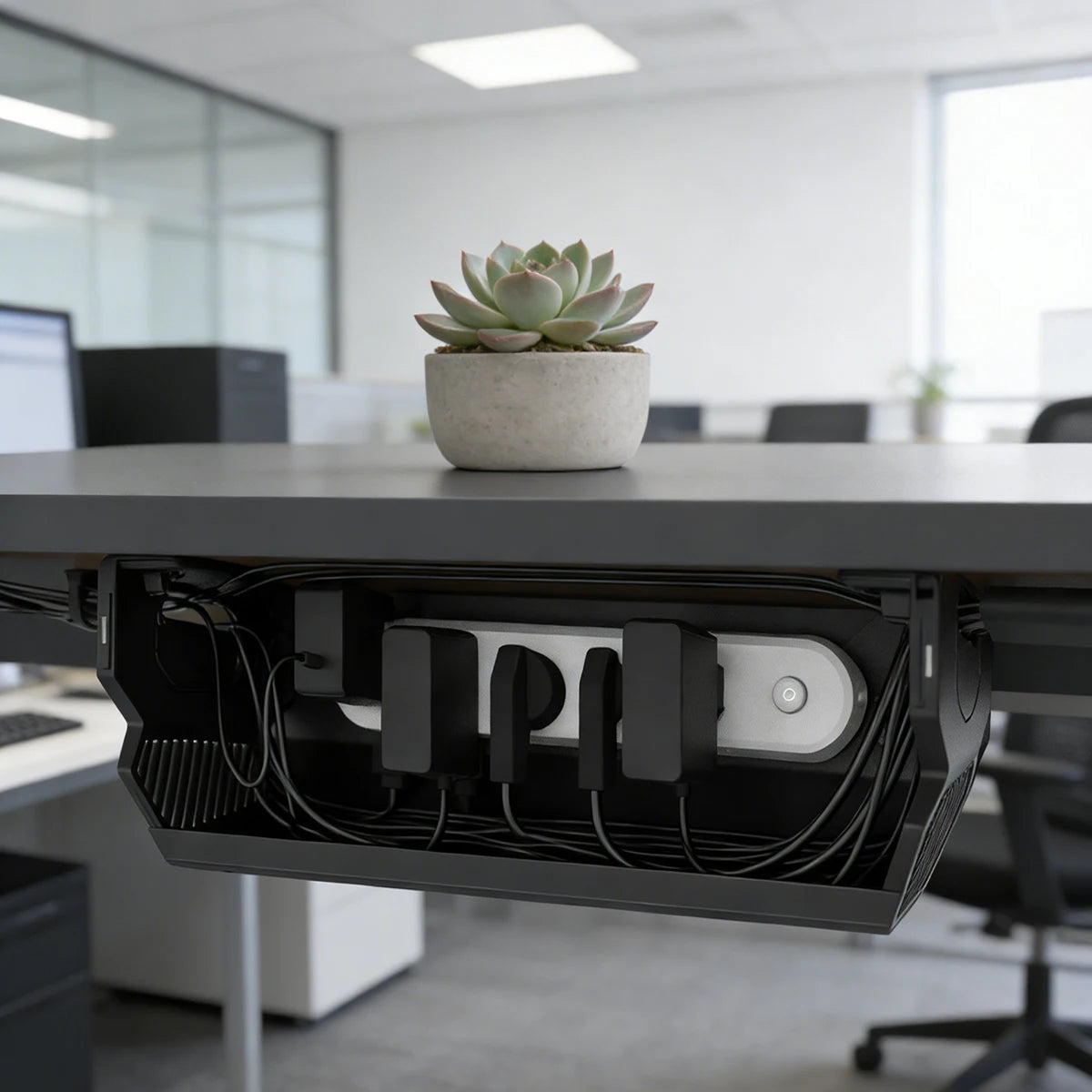 Black Desk Cable Management Ventilated Cord Holder for Home & Office with Power Strip