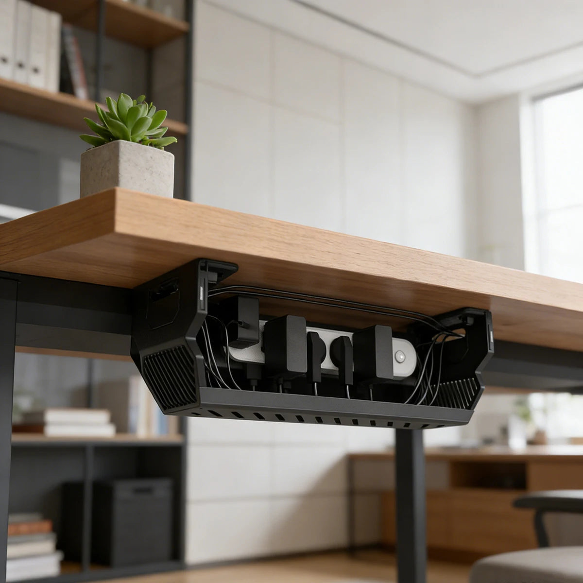 Black Desk Cable Management Ventilated Cord Holder for Home & Office with Power Strip